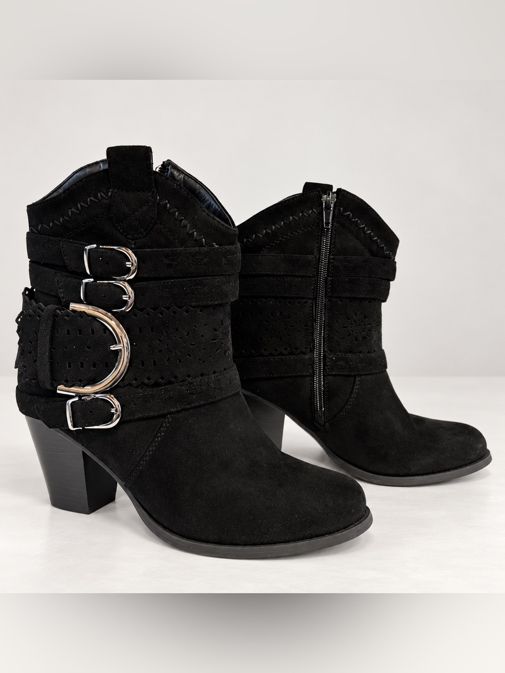 Pierre Dumas Black Western Ankle Boots Women’s Size 6 Buckle Block Heel Booties